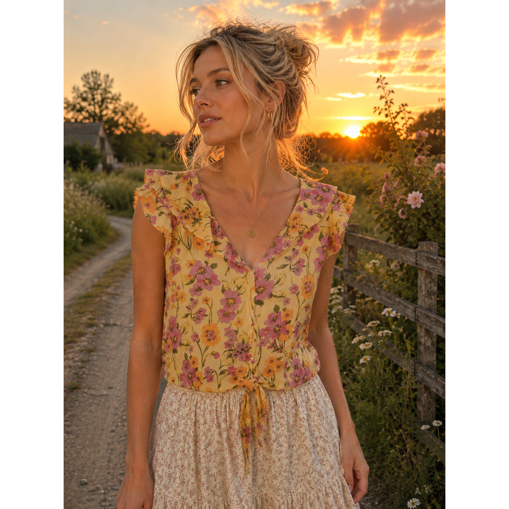 Lands End Floral Ruffle Top Size Large Cottagecore Fairy Spring Boho Blouse